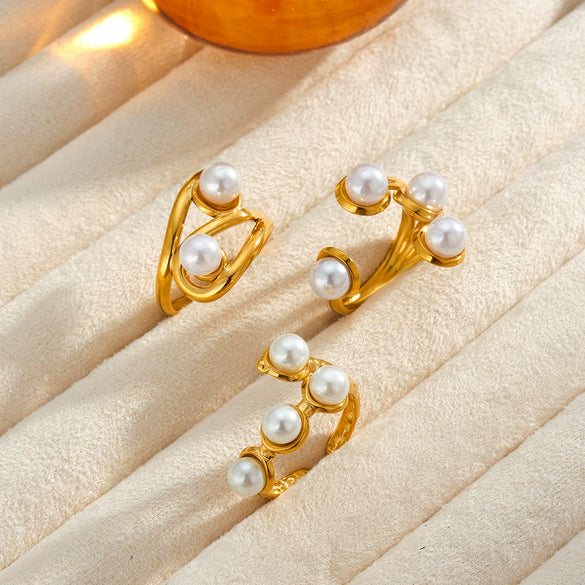 Women's Geometric Pearl Ring In 18K Gold Plated Stainless Steel With Adjustable Open Design And Light Luxury Style
