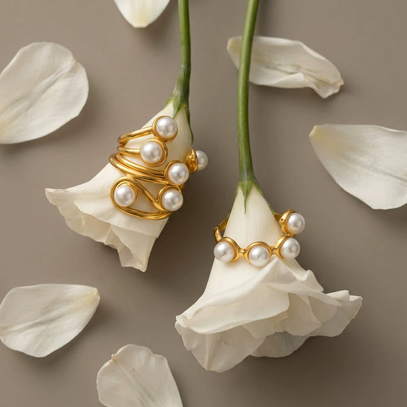Women's Geometric Pearl Ring In 18K Gold Plated Stainless Steel With Adjustable Open Design And Light Luxury Style