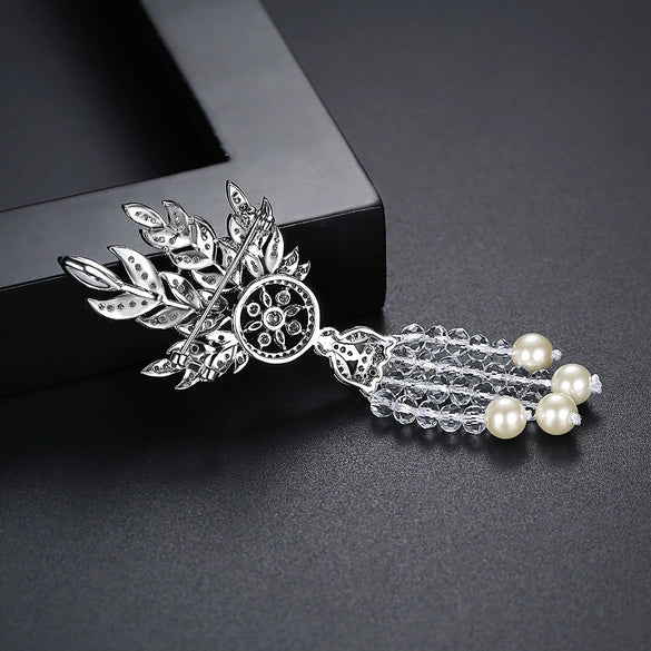 Women's Geometric Pearl Tassel Brooch With Zircon Microinlay Electroplated Copper Jewelry Accessory