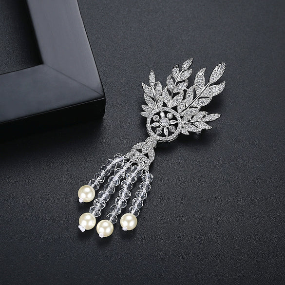 Women's Geometric Pearl Tassel Brooch With Zircon Microinlay Electroplated Copper Jewelry Accessory