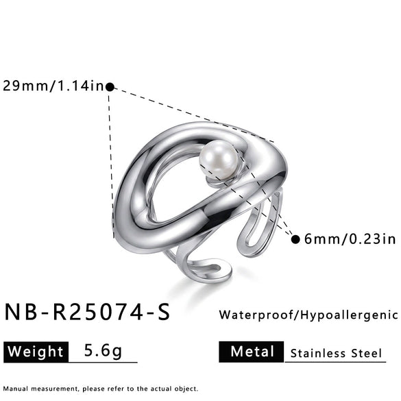 Women's Geometric Pearlset Stainless Steel Ring With Goldtone Plated Finish And Adjustable Open Band