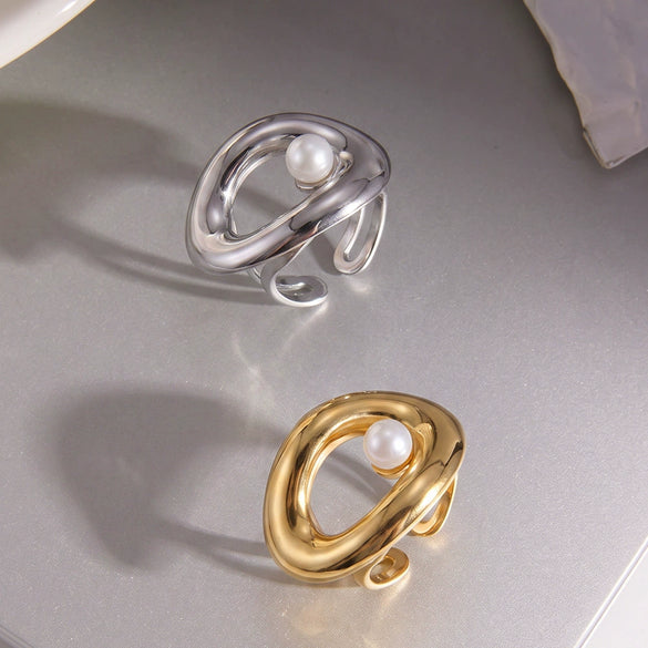Women's Geometric Pearlset Stainless Steel Ring With Goldtone Plated Finish And Adjustable Open Band