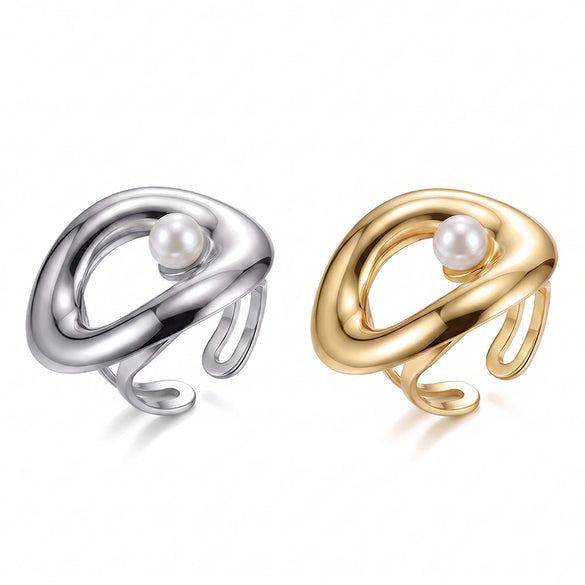 Women's Geometric Pearlset Stainless Steel Ring With Goldtone Plated Finish And Adjustable Open Band