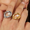 Women's Geometric Pearlset Stainless Steel Ring With Goldtone Plated Finish And Adjustable Open Band