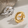 Women's Geometric Pearlset Stainless Steel Ring With Goldtone Plated Finish And Adjustable Open Band