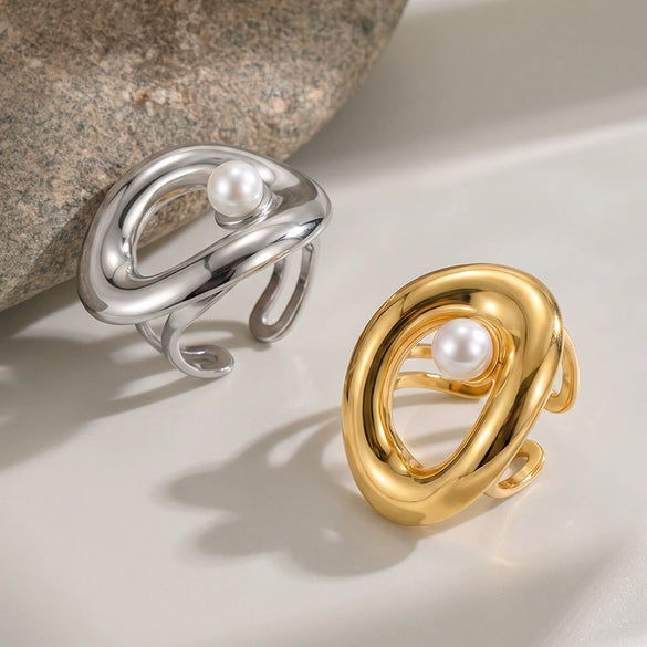 Women's Geometric Pearlset Stainless Steel Ring With Goldtone Plated Finish And Adjustable Open Band