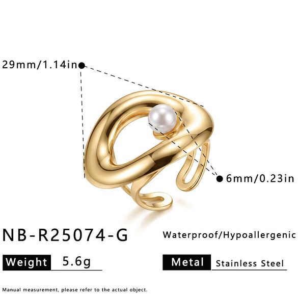 Women's Geometric Pearlset Stainless Steel Ring With Goldtone Plated Finish And Adjustable Open Band