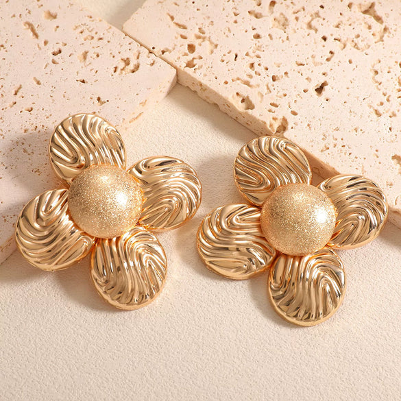 Women's Geometric Pleated Flower Earrings Electroplated Iron Floral Jewelry With Stainless Steel Posts Elegant Fashion Ear Accessories