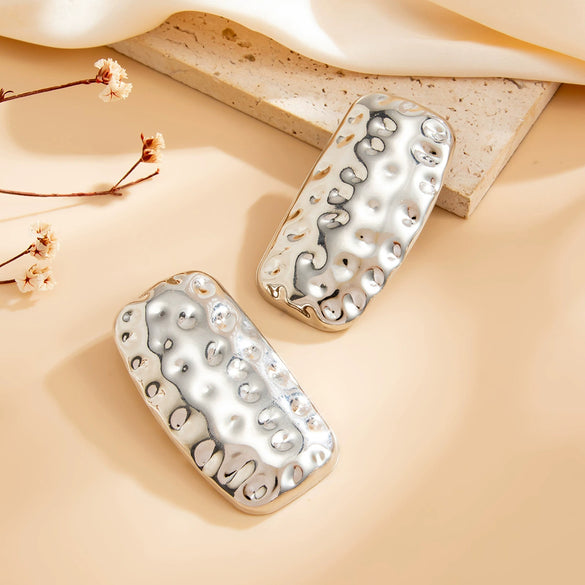 Women's Geometric Rectangular Hammered Iron Earrings With Electroplated Finish And Stainless Steel Ear Posts