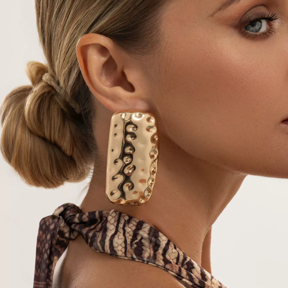 Women's Geometric Rectangular Hammered Iron Earrings With Electroplated Finish And Stainless Steel Ear Posts
