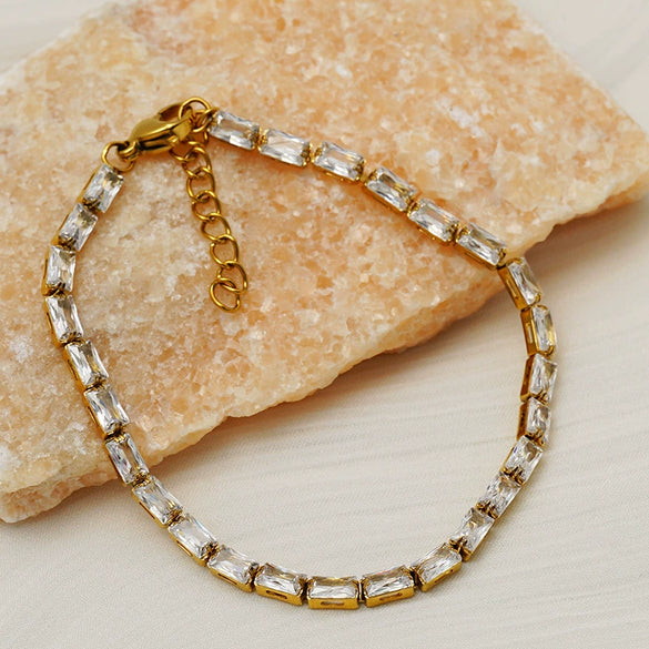 Women's Geometric Rectangular Zirconstudded Stainless Steel Bracelet With Electroplated Finish And Slim Elegant Design