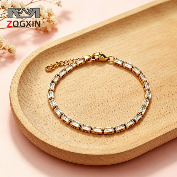Women's Geometric Rectangular Zirconstudded Stainless Steel Bracelet With Electroplated Finish And Slim Elegant Design