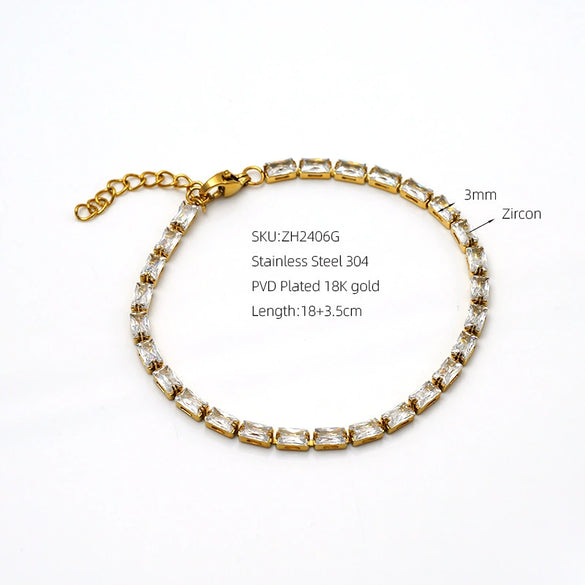 Women's Geometric Rectangular Zirconstudded Stainless Steel Bracelet With Electroplated Finish And Slim Elegant Design