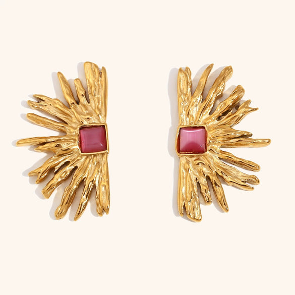Women's Geometric Red Agate Fan Earrings In Gold Plated Stainless Steel With An Irregular Statement Design