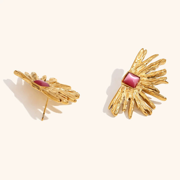 Women's Geometric Red Agate Fan Earrings In Gold Plated Stainless Steel With An Irregular Statement Design