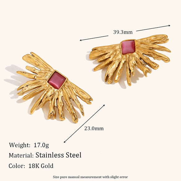 Women's Geometric Red Agate Fan Earrings In Gold Plated Stainless Steel With An Irregular Statement Design