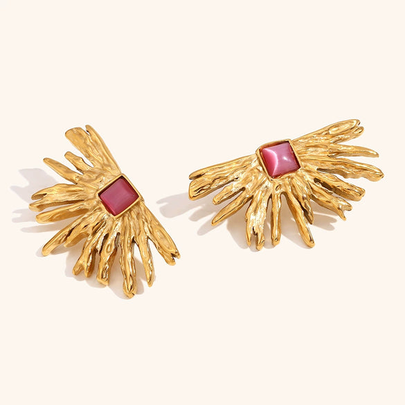 Women's Geometric Red Agate Fan Earrings In Gold Plated Stainless Steel With An Irregular Statement Design