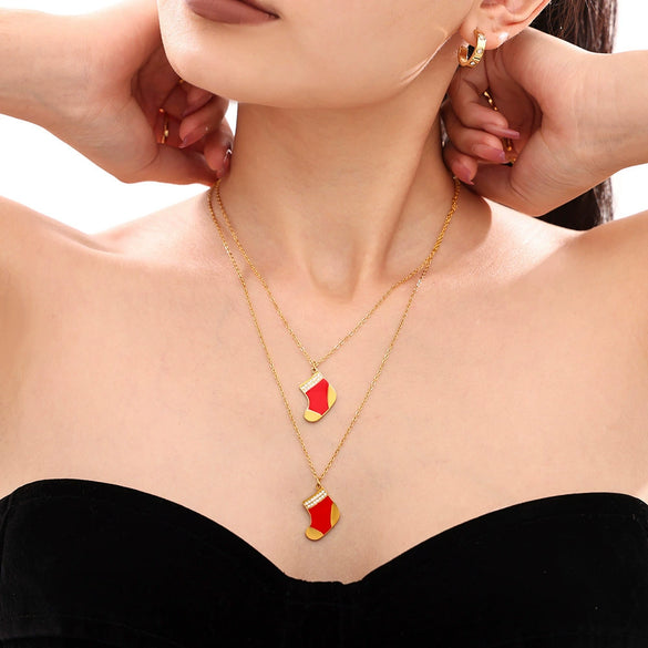 Women's Geometric Red Sock Oil Drip Zircon Pendant Necklace Gold Plated Stainless Steel Light Luxury Jewelry