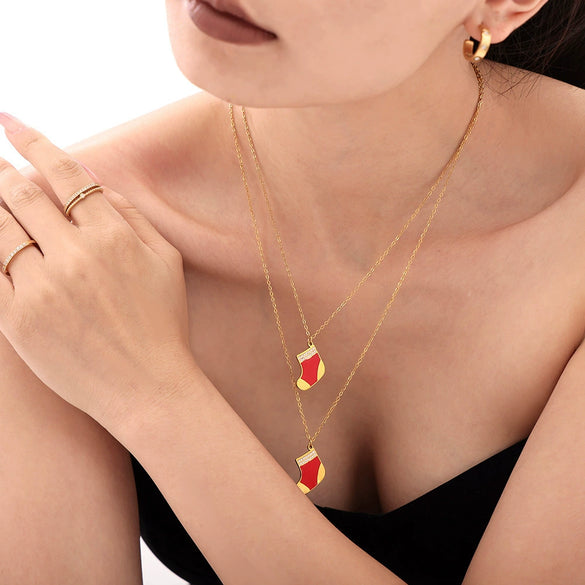 Women's Geometric Red Sock Oil Drip Zircon Pendant Necklace Gold Plated Stainless Steel Light Luxury Jewelry