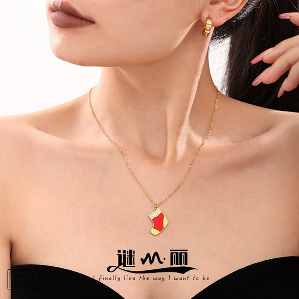 Women's Geometric Red Sock Oil Drip Zircon Pendant Necklace Gold Plated Stainless Steel Light Luxury Jewelry
