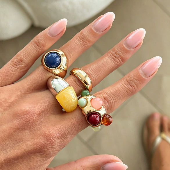 Women's Geometric Resin Gemstone Ring With Colorful Bead Inlay Plated Alloy Finish And Stylish Stackable Design