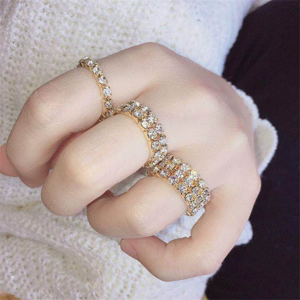 Women's Geometric Rhinestone Elastic Adjustable Ring Set Shiny Electroplated Fashion Statement Rings