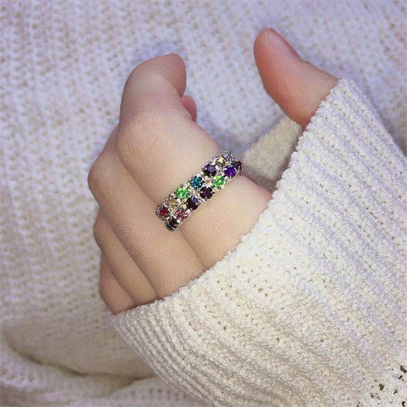 Women's Geometric Rhinestone Elastic Adjustable Ring Set Shiny Electroplated Fashion Statement Rings