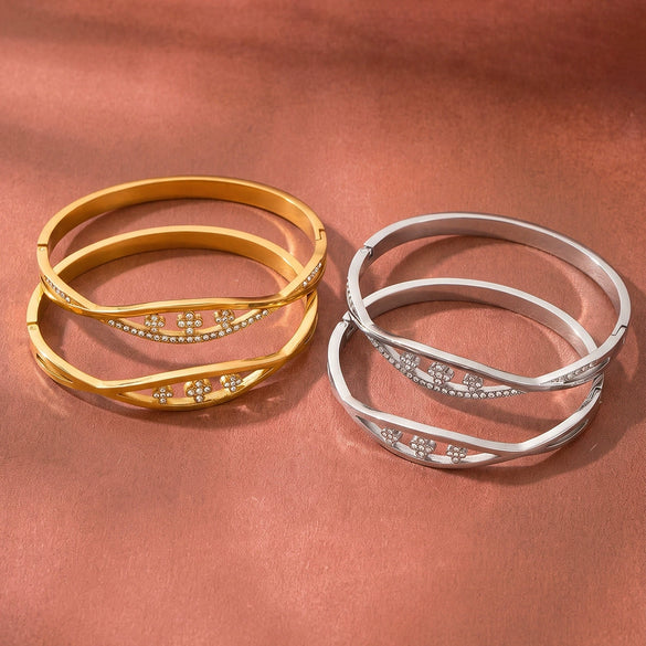 Women's Geometric Rhinestone Stainless Steel Bracelet With Gold Plated Finish And Colorfast Design