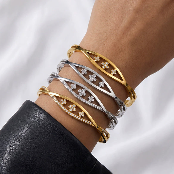 Women's Geometric Rhinestone Stainless Steel Bracelet With Gold Plated Finish And Colorfast Design
