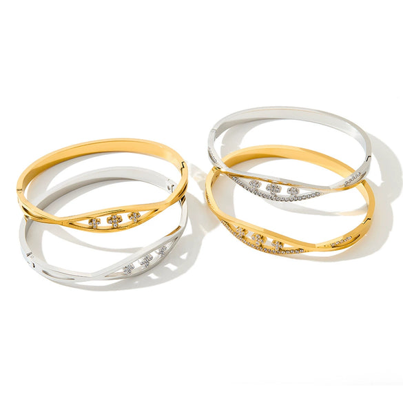 Women's Geometric Rhinestone Stainless Steel Bracelet With Gold Plated Finish And Colorfast Design