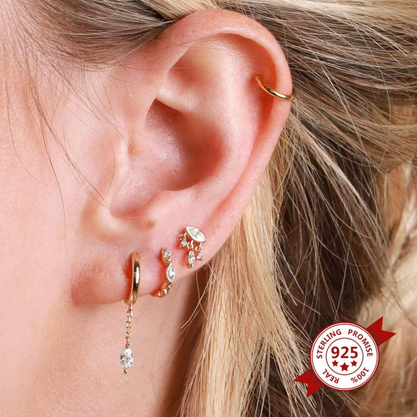 Women's Geometric Round And Marquise Zircon Inlaid Copper Earrings With Silver Needles Electroplated Light Luxury Stacked Earrings