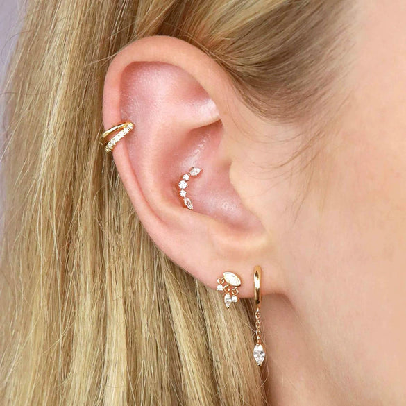 Women's Geometric Round And Marquise Zircon Inlaid Copper Earrings With Silver Needles Electroplated Light Luxury Stacked Earrings