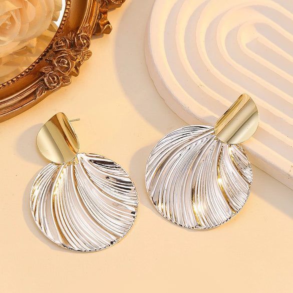 Women's Geometric Round Statement Earrings With Retro Textured Electroplated Metal Finish