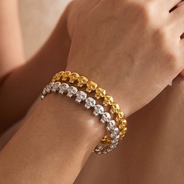 Women’s Geometric Skull Pattern Stainless Steel Bracelet With Gold Plated Finish Stylish Simple Niche Jewelry