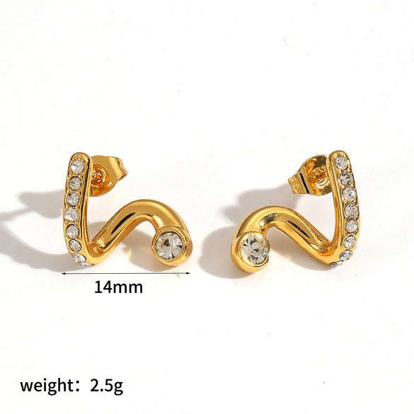 Women's Geometric Snakeshaped Stainless Steel And Titanium Steel Earrings With Diamond Encrusted And Pvd Furnace Vacuum Real Gold Plating