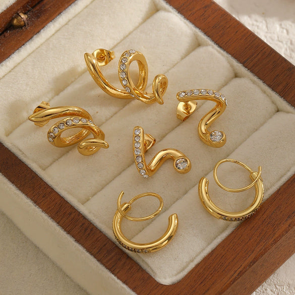 Women's Geometric Snakeshaped Stainless Steel And Titanium Steel Earrings With Diamond Encrusted And Pvd Furnace Vacuum Real Gold Plating