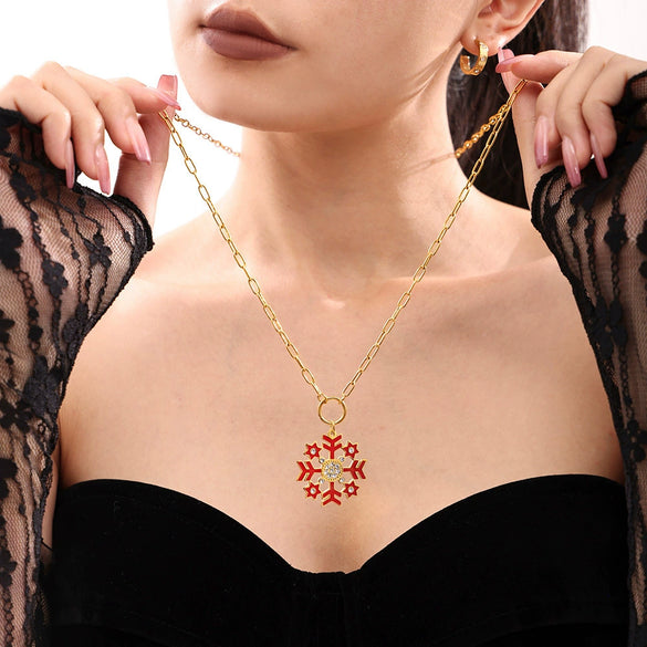 Women's Geometric Snowflake Pendant Necklace With Zircon Detail Electroplated Stainless Steel Regular Chain Light Luxury Style