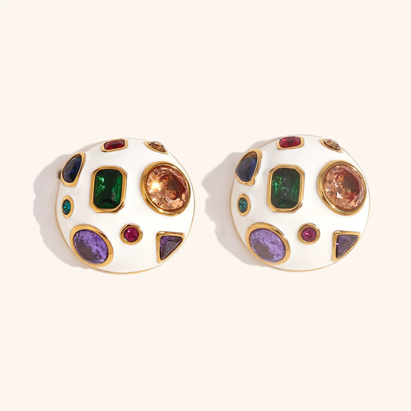 Women's Geometric Spherical Statement Earrings In Electroplated Stainless Steel With Colorful Zircon Accents