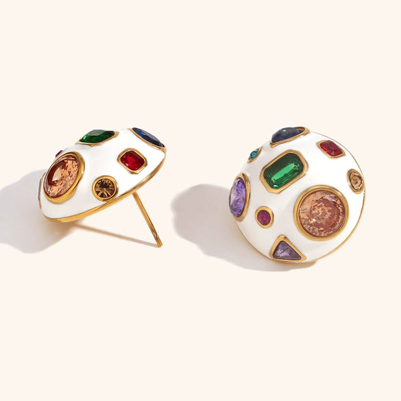 Women's Geometric Spherical Statement Earrings In Electroplated Stainless Steel With Colorful Zircon Accents