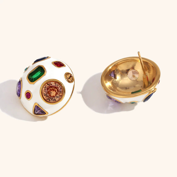 Women's Geometric Spherical Statement Earrings In Electroplated Stainless Steel With Colorful Zircon Accents