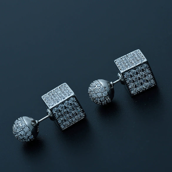 Women's Geometric Square And Spherical Copper Zircon Earrings With Electroplated Finish And Threedimensional Design