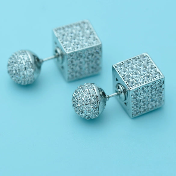 Women's Geometric Square And Spherical Copper Zircon Earrings With Electroplated Finish And Threedimensional Design