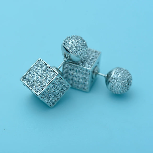 Women's Geometric Square And Spherical Copper Zircon Earrings With Electroplated Finish And Threedimensional Design