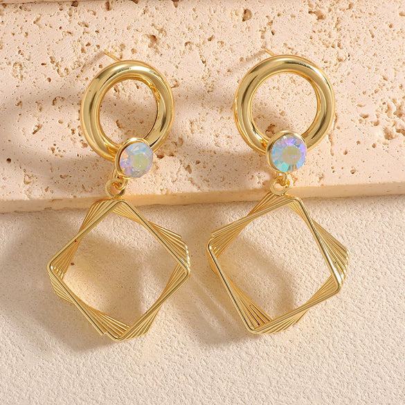 Women's Geometric Square Drop Earrings With Layered Gradient Circle Design Alloy Construction And Electroplated Finish