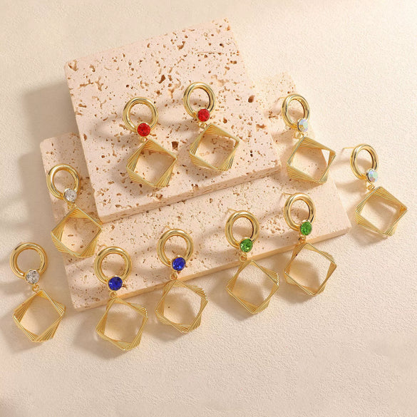 Women's Geometric Square Drop Earrings With Layered Gradient Circle Design Alloy Construction And Electroplated Finish