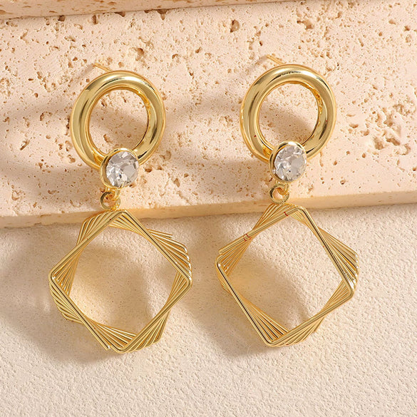 Women's Geometric Square Drop Earrings With Layered Gradient Circle Design Alloy Construction And Electroplated Finish