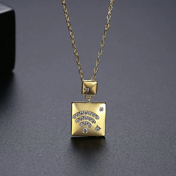 Women's Geometric Square Pendant Copper Necklace With Zircon Inlay And Electroplated Finish