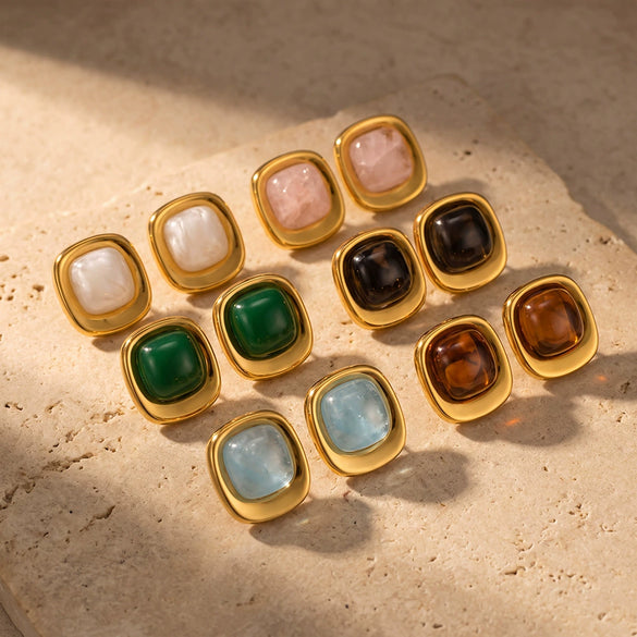 Women’s Geometric Square Resin Stainless Steel Stud Earrings With 18K Gold Vacuum Plating And Retro Style