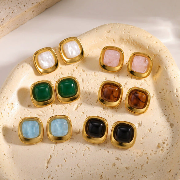 Women’s Geometric Square Resin Stainless Steel Stud Earrings With 18K Gold Vacuum Plating And Retro Style