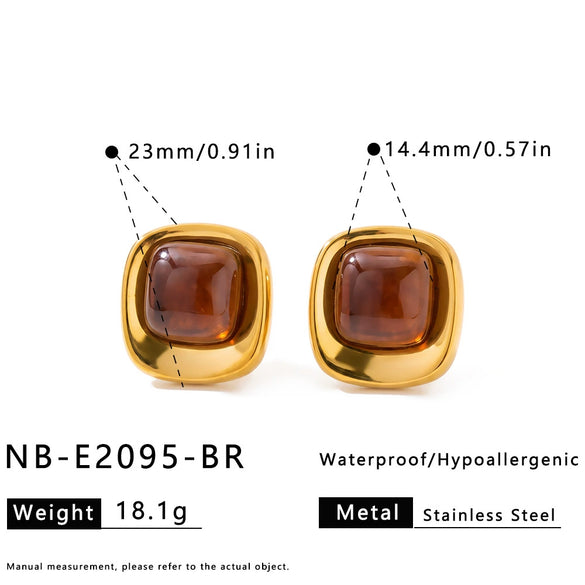 Women’s Geometric Square Resin Stainless Steel Stud Earrings With 18K Gold Vacuum Plating And Retro Style